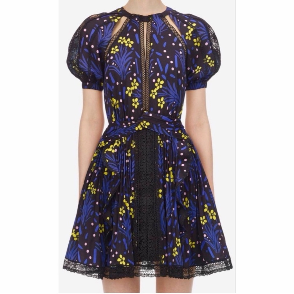SELF-PORTRAIT NWT Black/Multi Wildflower Print Lace Trim Mini Dress 4 - Picture 13 of 15